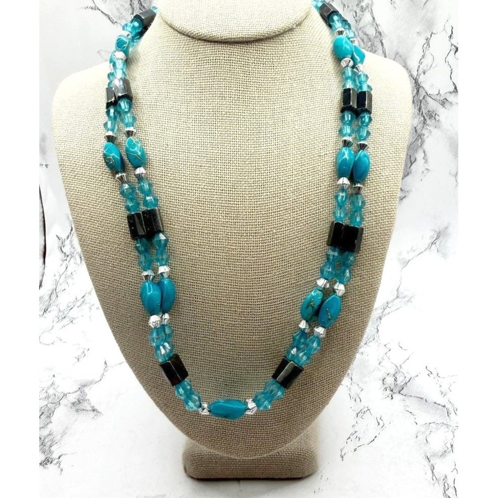 Hematite Turquoise Color Beaded Necklace 35" Long No Clasp